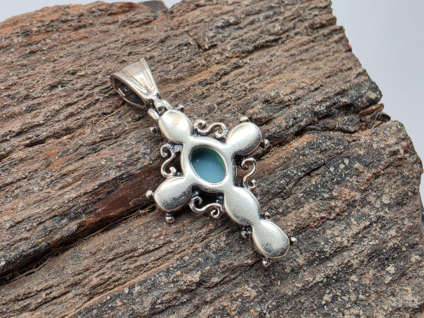 925 Sterling Silver Turquoise Cabochon Cross Pendant | 5 Stone | Scrollwork | 1"