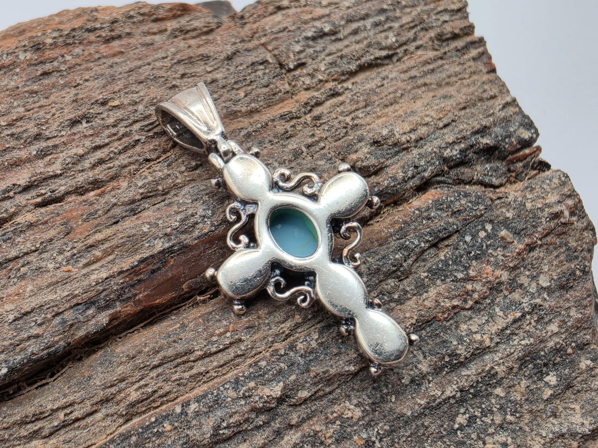 925 Sterling Silver Turquoise Cabochon Cross Pendant | 5 Stone | Scrollwork | 1"