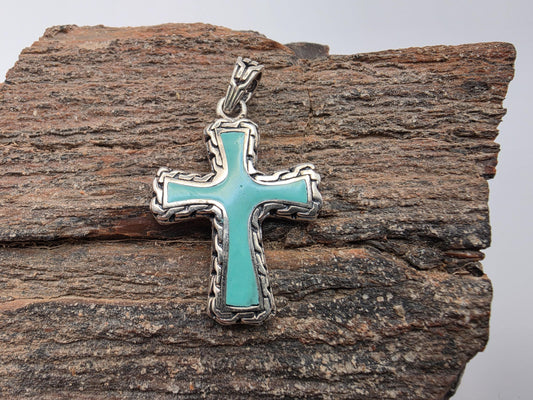 925 Sterling Silver Turquoise Cross Pendant | Rope Twist Border | Enamel Fill | 1.25"