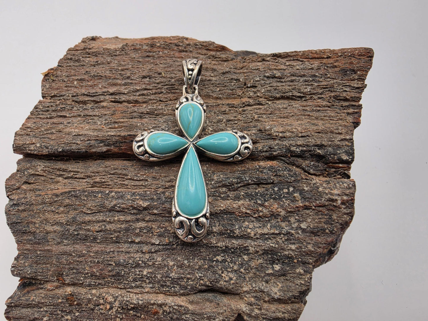925 Sterling Silver Turquoise Cross Pendant | Teardrop Stone Inlay | Scrollwork Detail | 1.5"