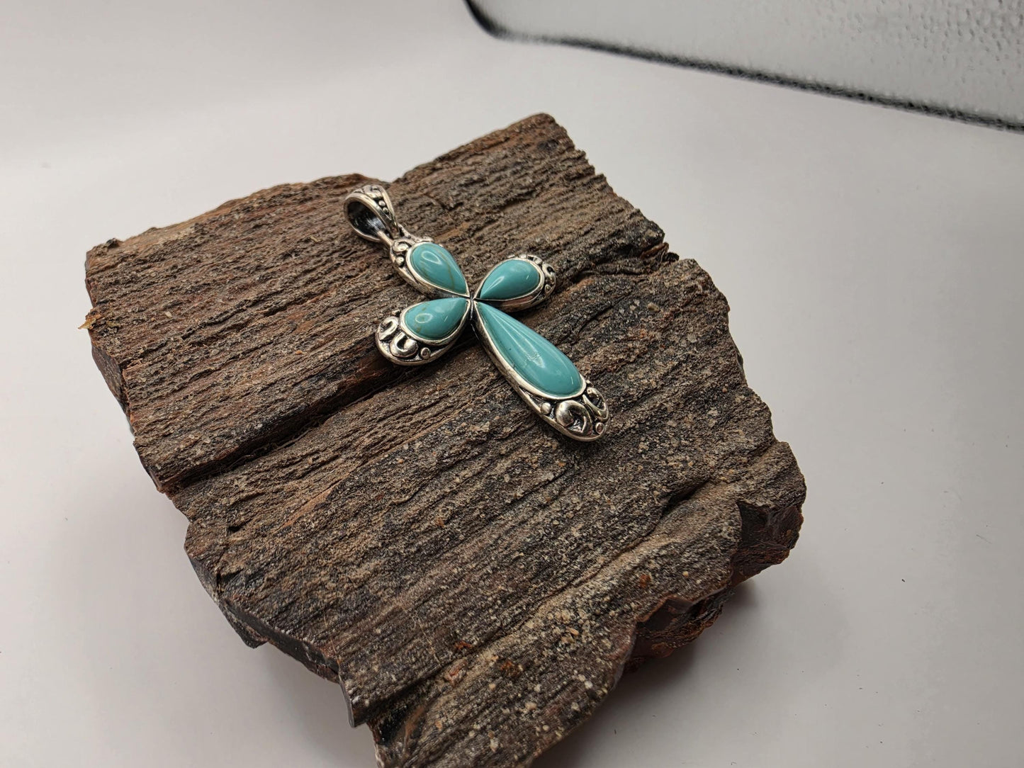 925 Sterling Silver Turquoise Cross Pendant | Teardrop Stone Inlay | Scrollwork Detail | 1.5"