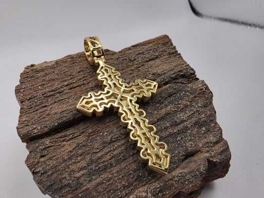 Gold Plated Sterling Silver Oversized CZ Cross Pendant | Large Round Prong Set | 2" Statement