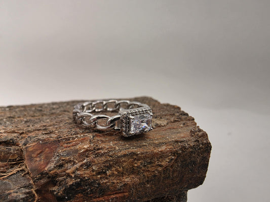 Sterling Silver Cuban Link Band Emerald Cut CZ Ring Size 8 Chain Shank Statement 925 Women 2.6g