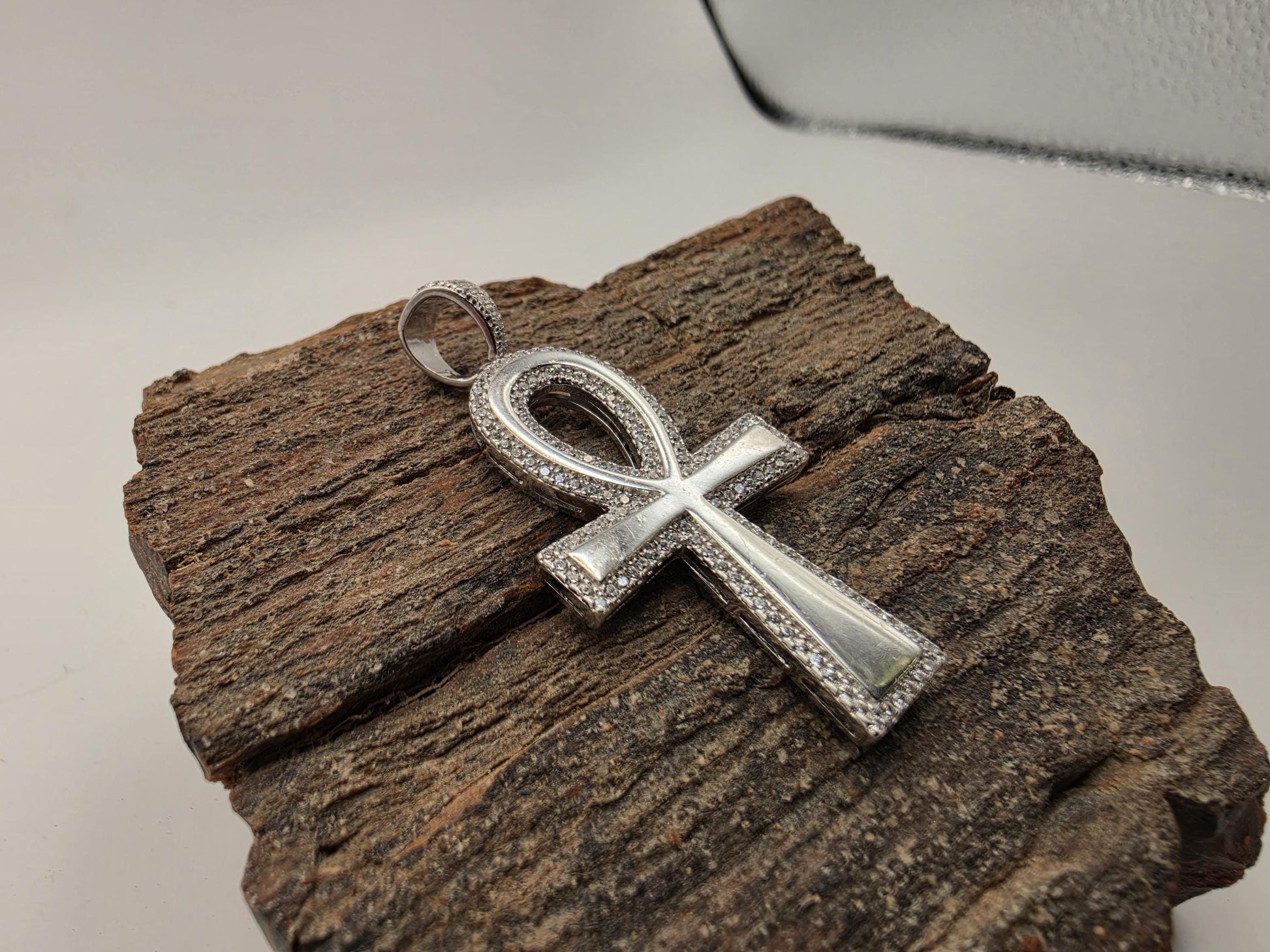 925 Sterling Silver Ankh Cross Pendant | CZ Pave Border | High Polish | 1.5"