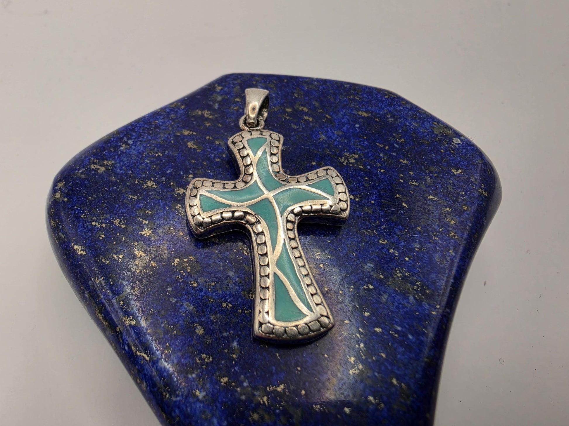 925 Sterling Silver Turquoise Cross Pendant | Enamel Fill | Milgrain Border | 1.25"