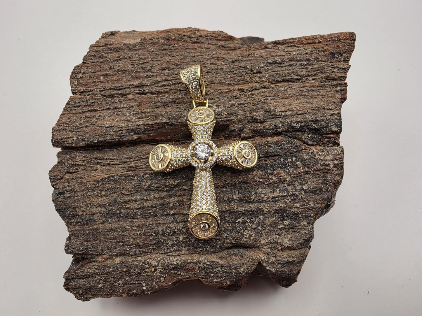 Gold Plated Sterling Silver Cross Pendant | Tubular CZ Pave Arms | Medallion Tips | 1.25"