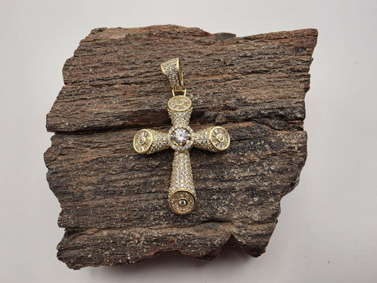 Gold Plated Sterling Silver Cross Pendant | Tubular CZ Pave Arms | Medallion Tips | 1.25"