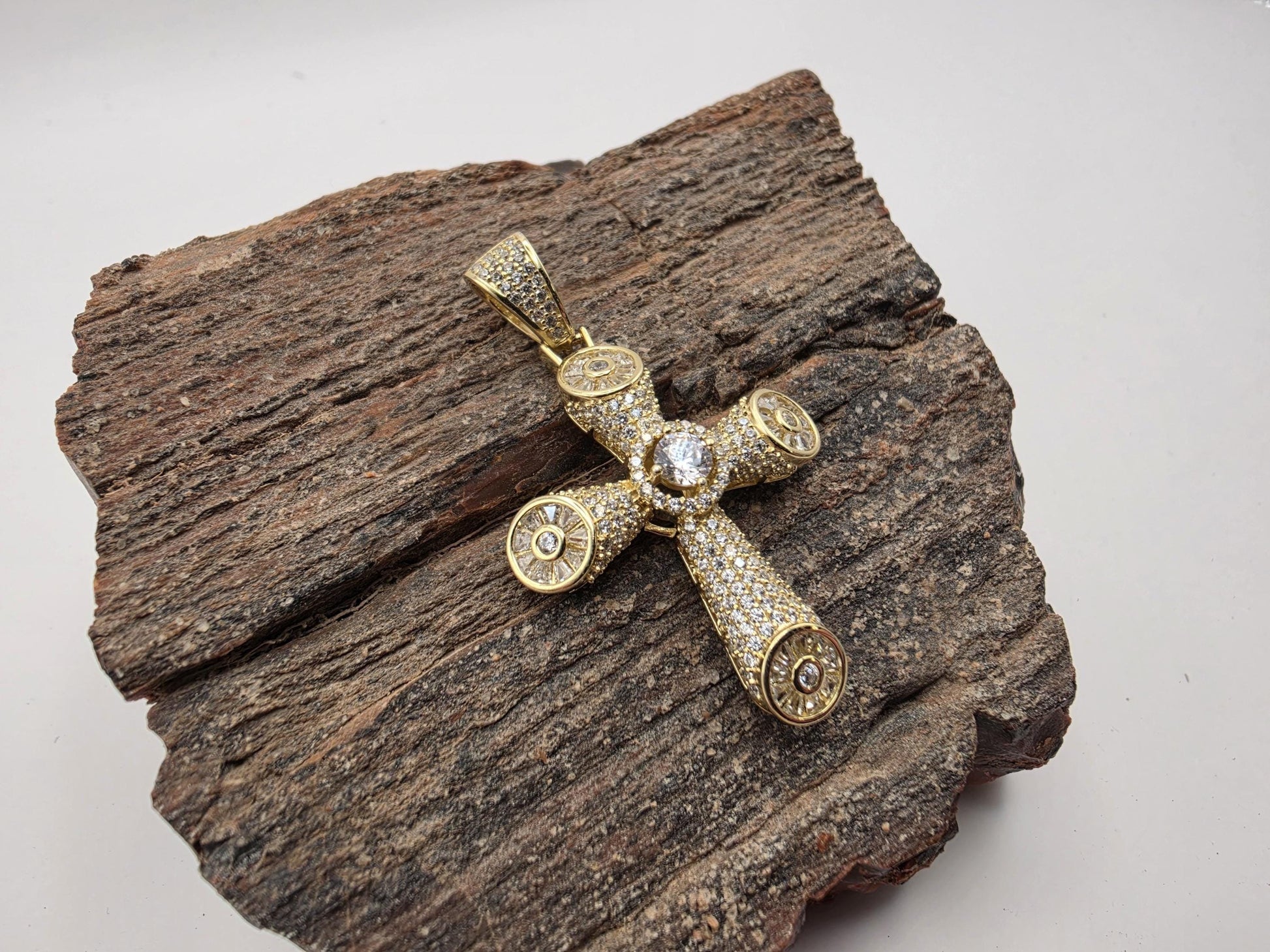 Gold Plated Sterling Silver Cross Pendant | Tubular CZ Pave Arms | Medallion Tips | 1.25"