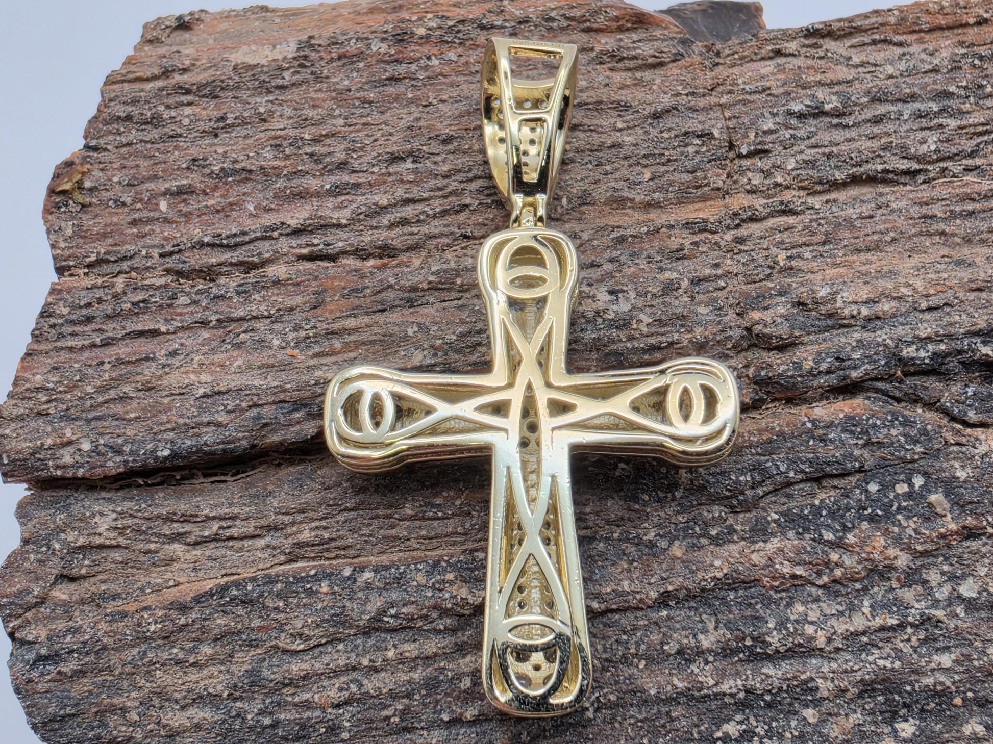 Gold Plated Sterling Silver CZ Cross Pendant | Halo Tip Clusters | Milgrain Arms | 1.25"