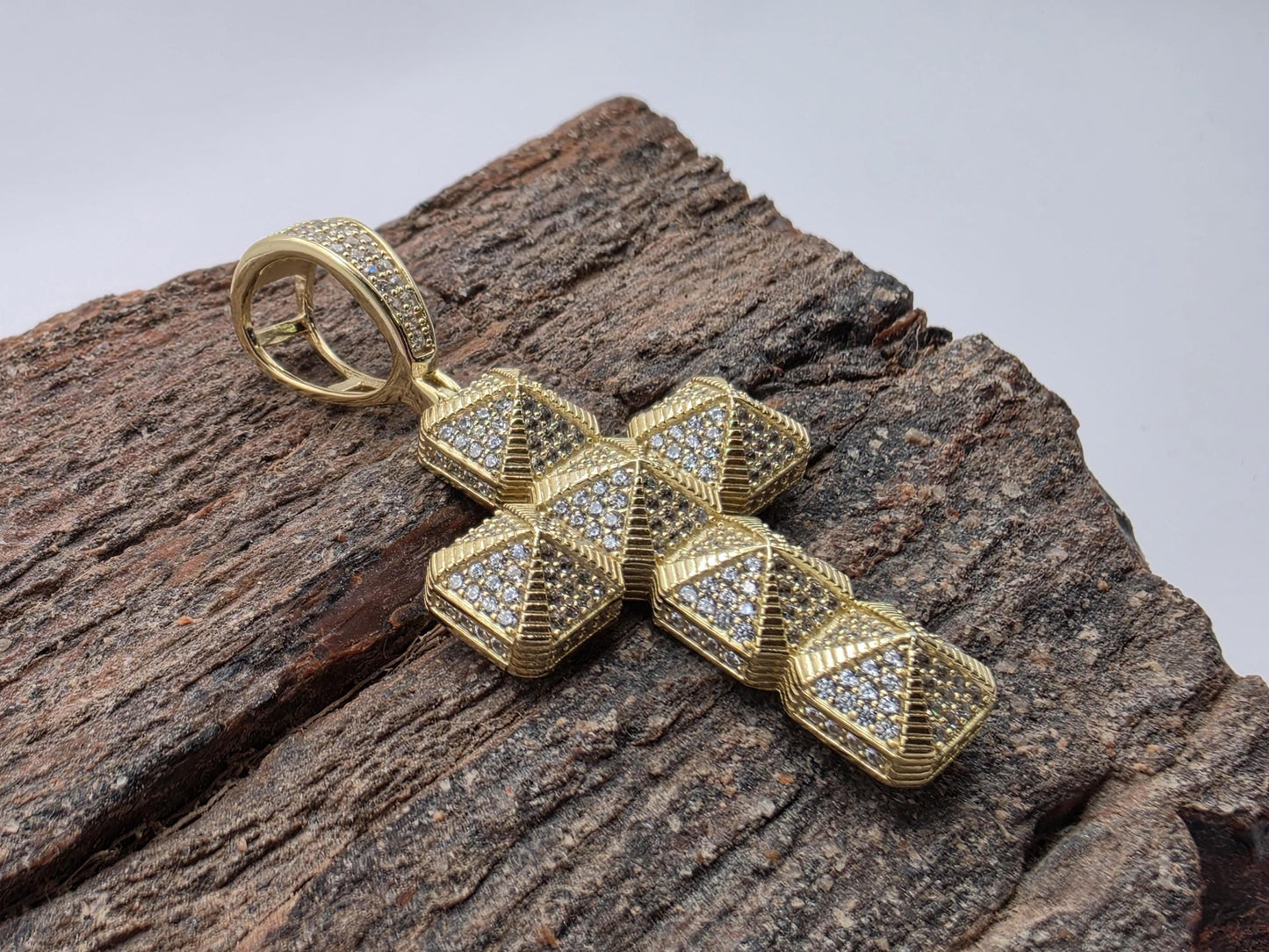 Gold Plated Sterling Silver Geometric Cross Pendant | 3D Faceted CZ Pave | 1.25"