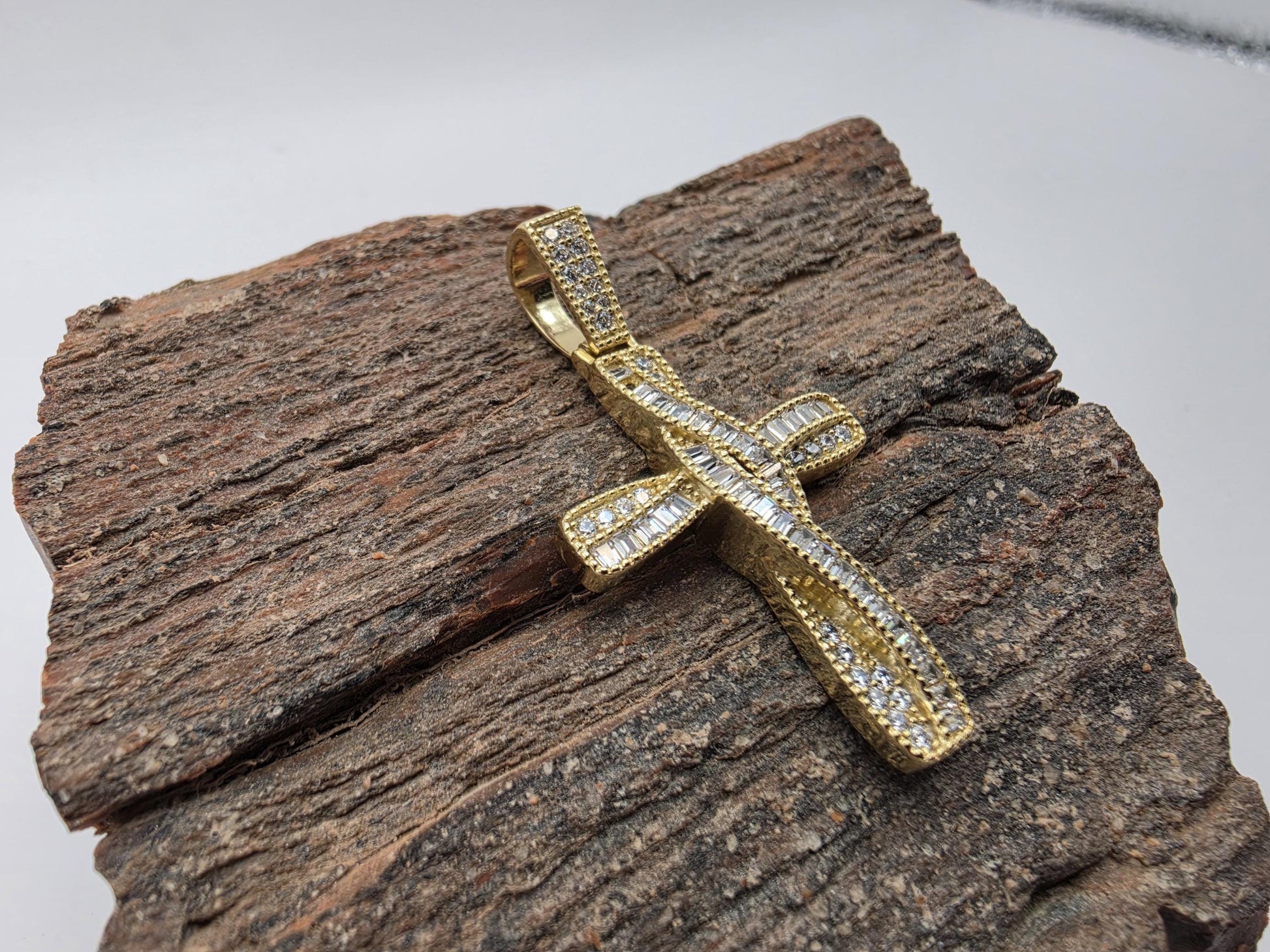 Gold Plated Sterling Silver Baguette Cross Pendant | Pave CZ Border | 1.5" Iced Cross