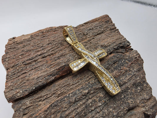 Gold Plated Sterling Silver Baguette Cross Pendant | Pave CZ Border | 1.5" Iced Cross