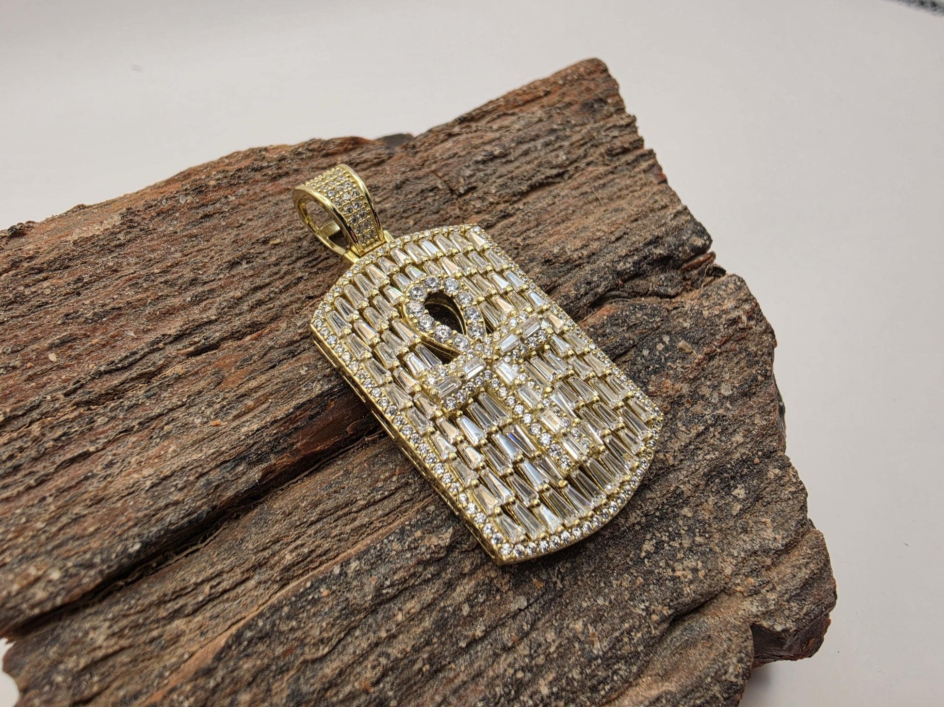 Gold Plated Sterling Silver Iced Dog Tag Pendant | Baguette CZ | Ankh Cross | 1.5"