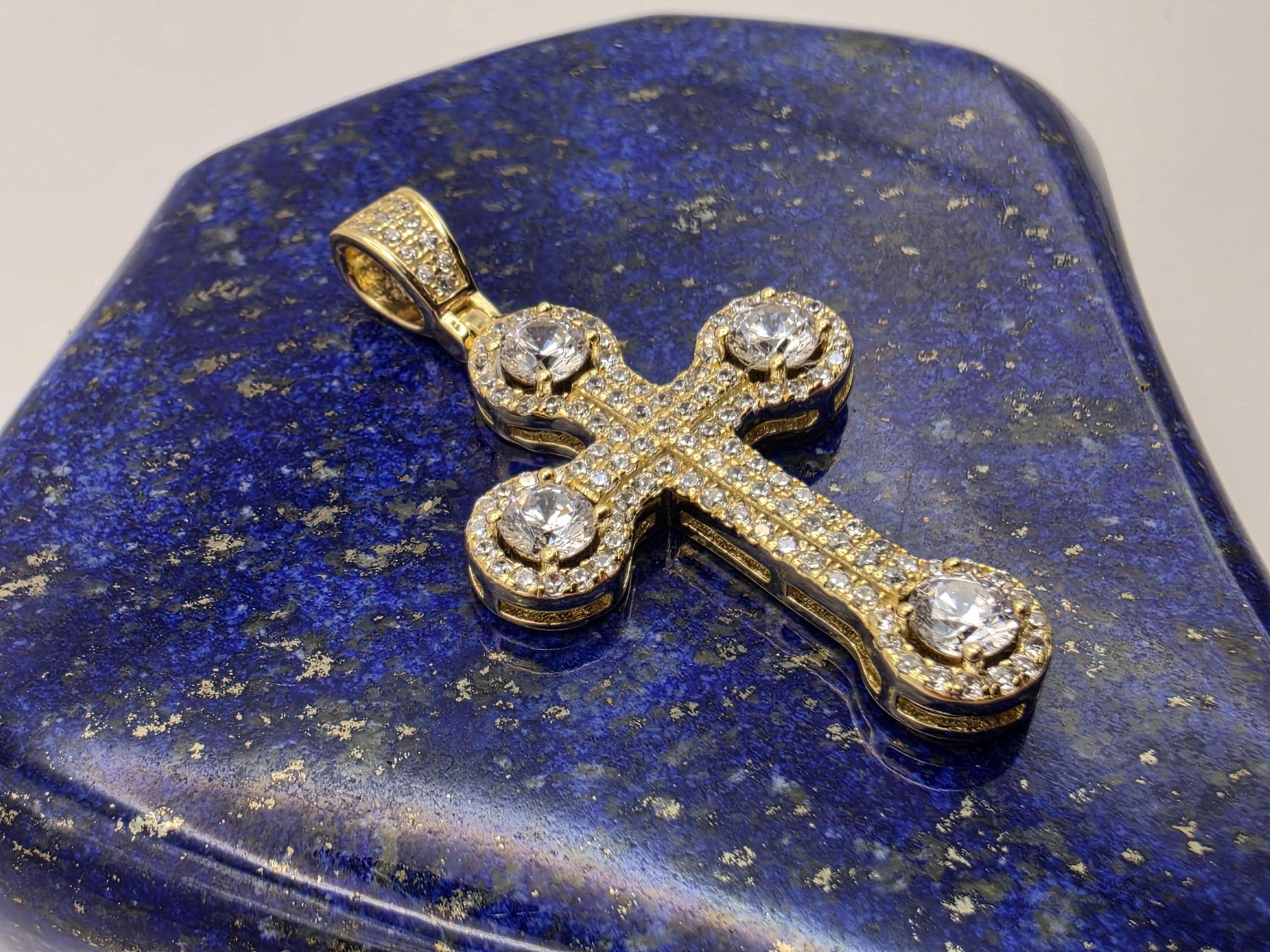 Gold Plated Sterling Silver Iced Cross Pendant | Full CZ Pave | Halo Tips | 1"