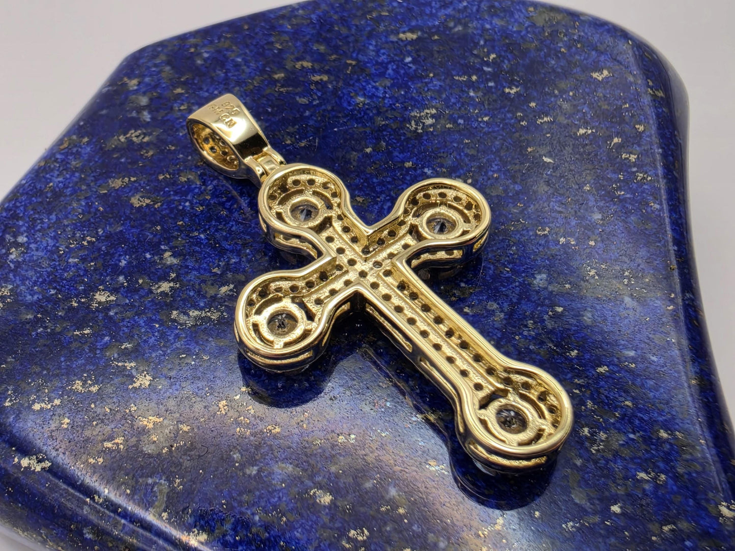 Gold Plated Sterling Silver Iced Cross Pendant | Full CZ Pave | Halo Tips | 1"