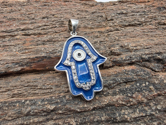 925 Sterling Silver Hamsa Hand Pendant | Blue Enamel & CZ | Evil Eye Charm