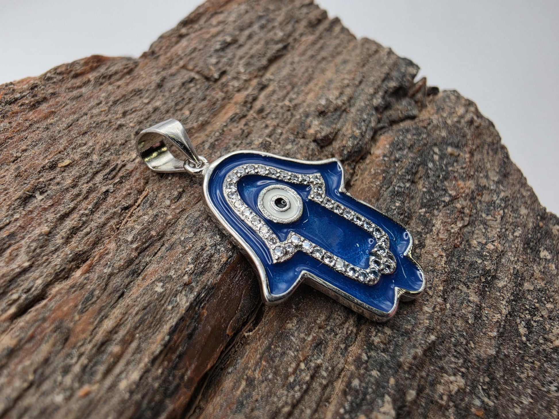 925 Sterling Silver Hamsa Hand Pendant | Blue Enamel & CZ | Evil Eye Charm