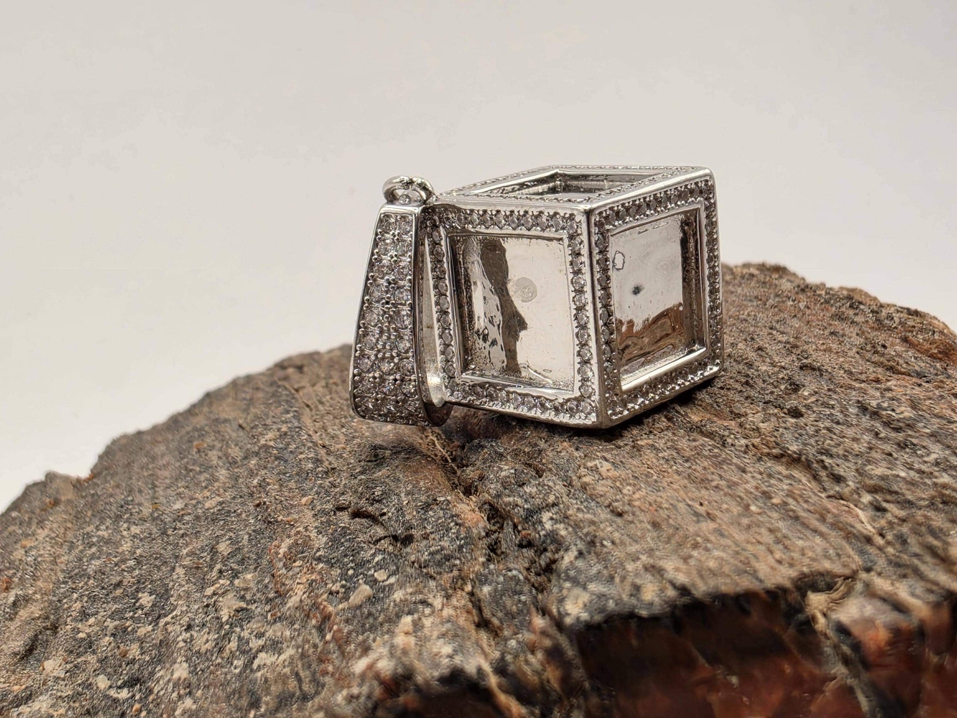 925 Sterling Silver Cube Pendant | CZ Inlay | Milgrain Border | Heavy 18g