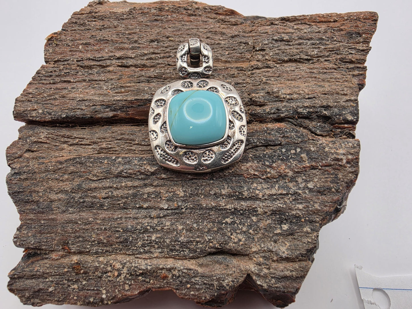 925 Sterling Silver Turquoise Square Pendant | Ornate Dotted Border | 1" Charm |
