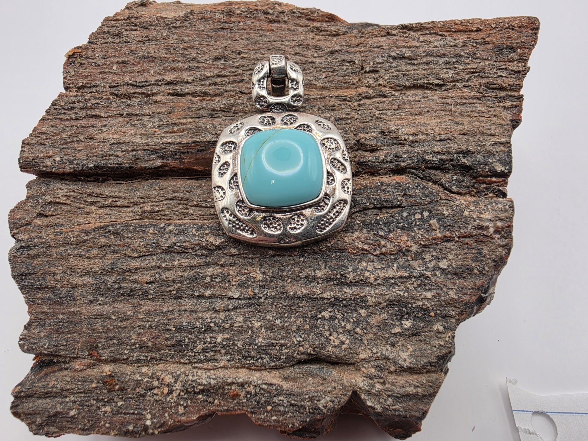 925 Sterling Silver Turquoise Square Pendant | Ornate Dotted Border | 1" Charm |