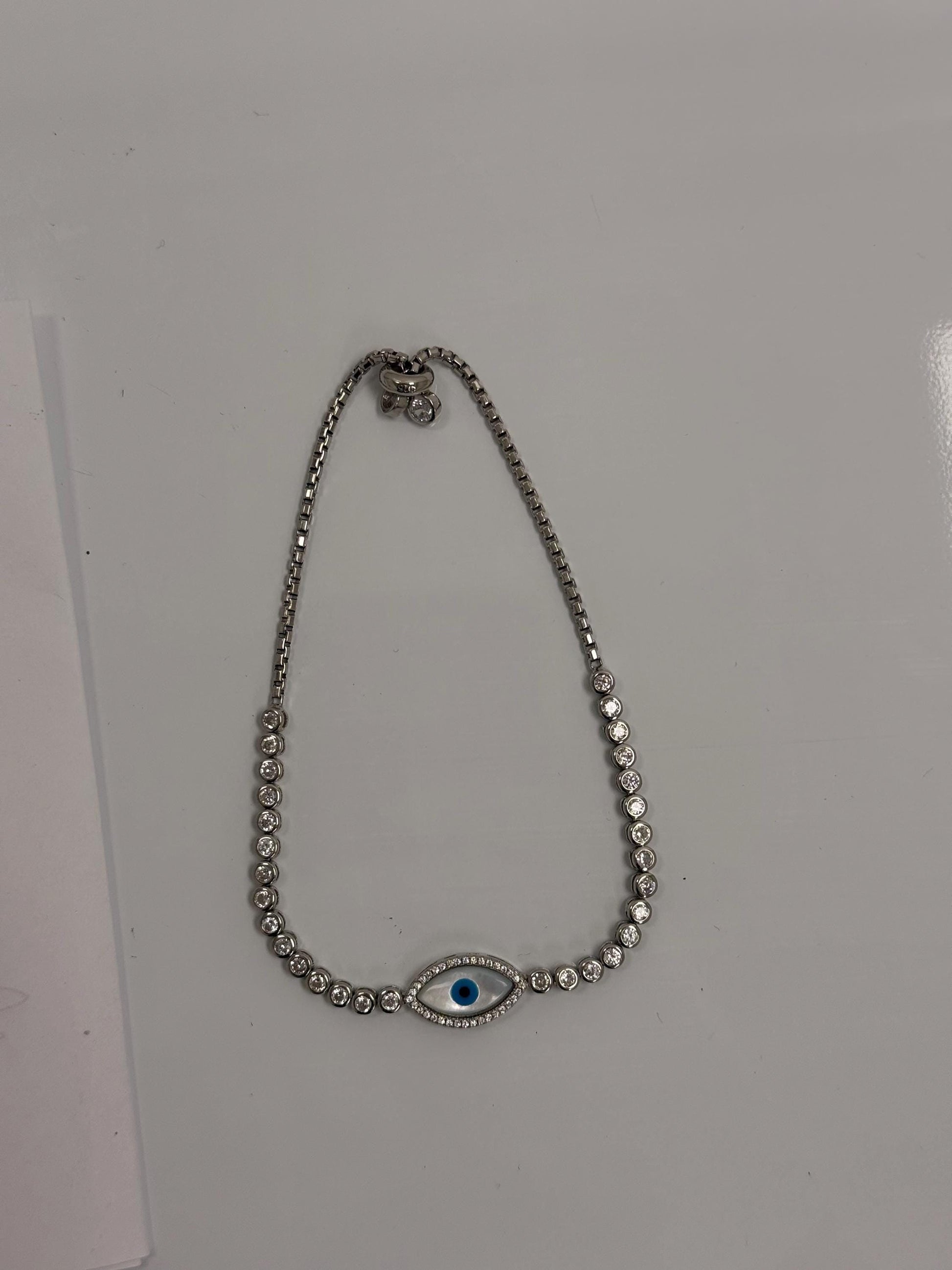 Sterling Silver Evil Eye Tennis Bracelet | 925 Silver | Mother of Pearl | CZ | 10 Inch