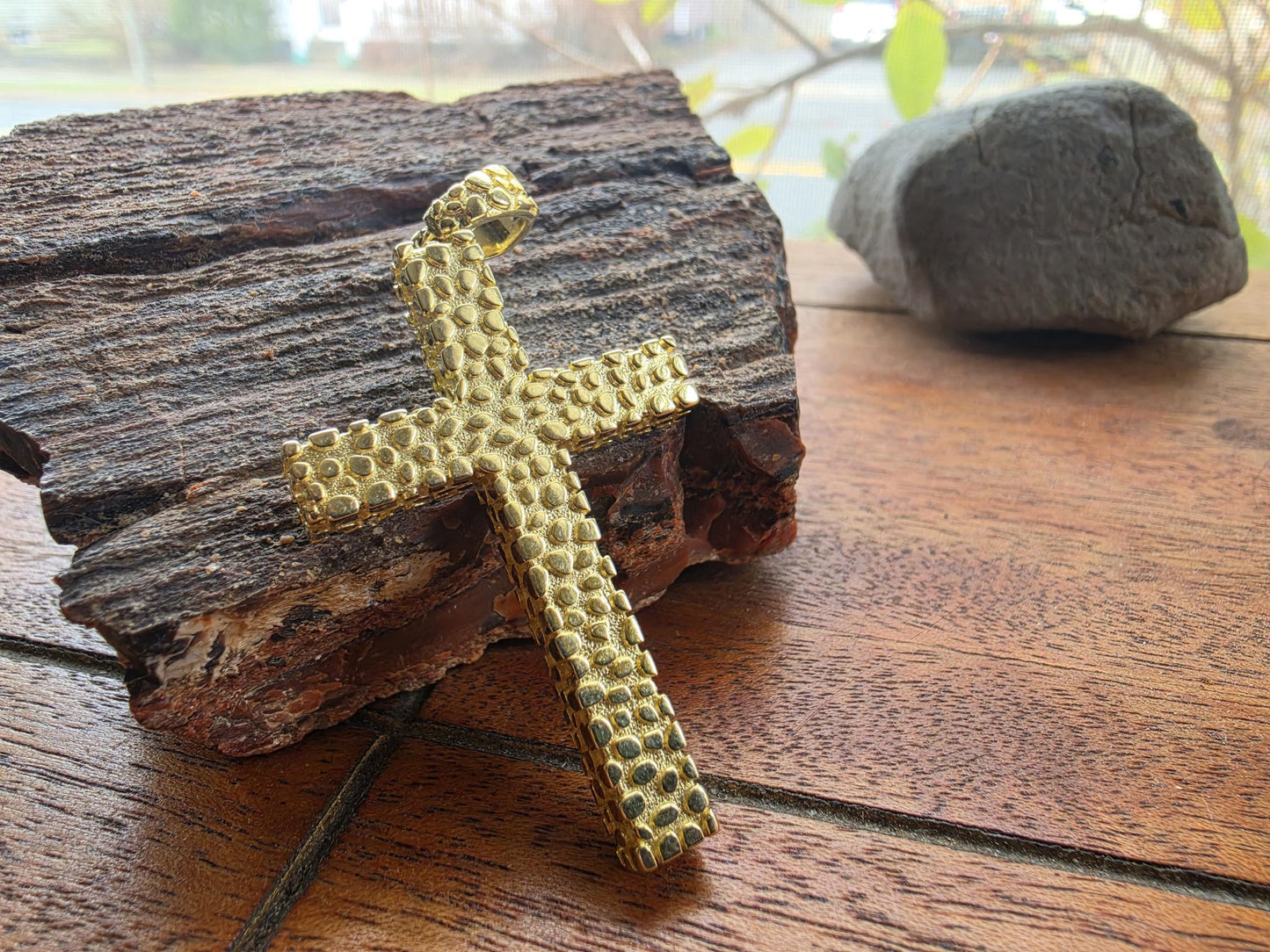 Gold-Plated Sterling Silver Nugget Texture Cross Pendant — 2 Inch Large Cross — 13g 925 Silver — Hip Hop Cross, Religious Gift, Men's Gold