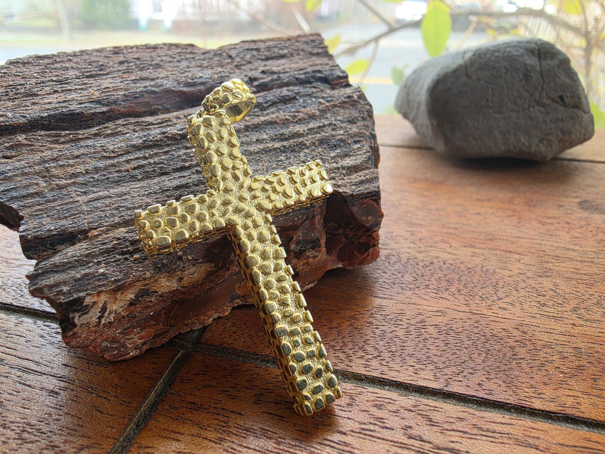Gold-Plated Sterling Silver Nugget Texture Cross Pendant — 2 Inch Large Cross — 13g 925 Silver — Hip Hop Cross, Religious Gift, Men's Gold