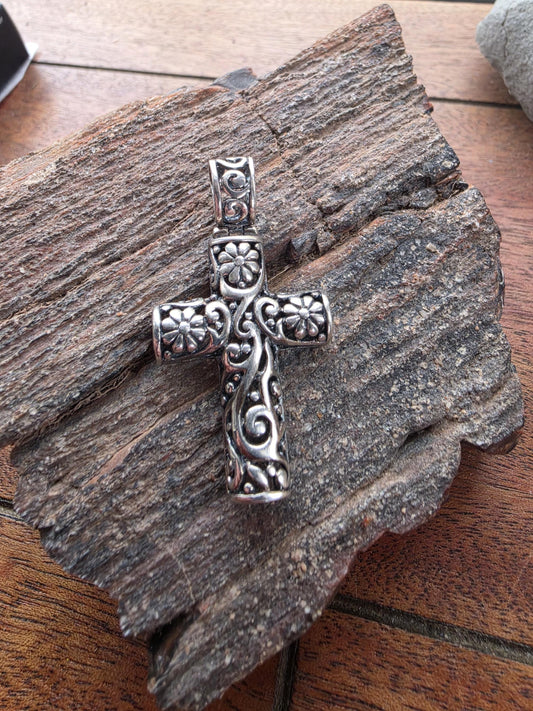 Sterling Silver Floral Scroll Cross Pendant — 2 Inch Oxidized Cross — 7g 925 Silver — Bali Style, Boho Cross Necklace, Religious Gift