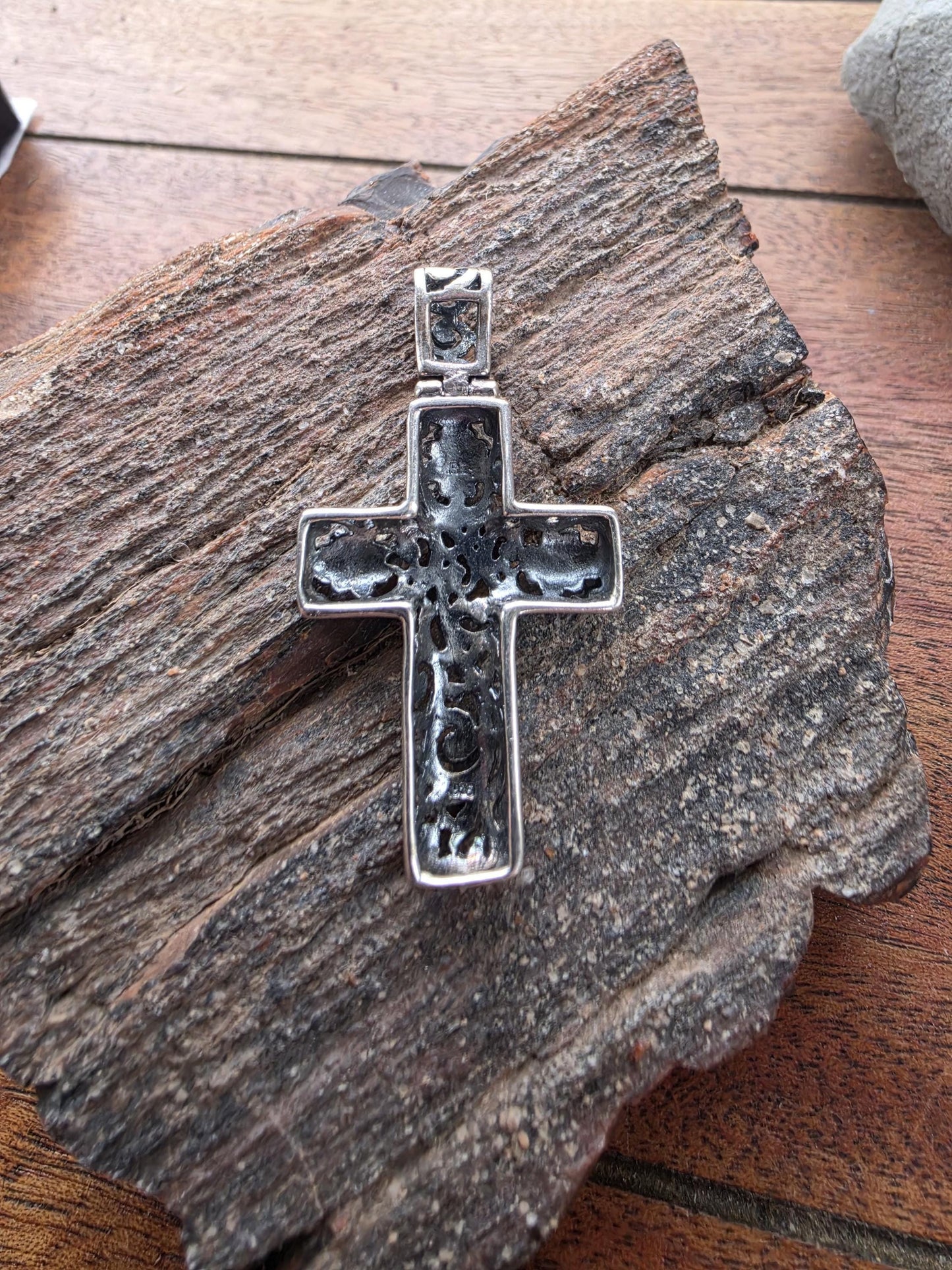 Sterling Silver Floral Scroll Cross Pendant — 2 Inch Oxidized Cross — 7g 925 Silver — Bali Style, Boho Cross Necklace, Religious Gift