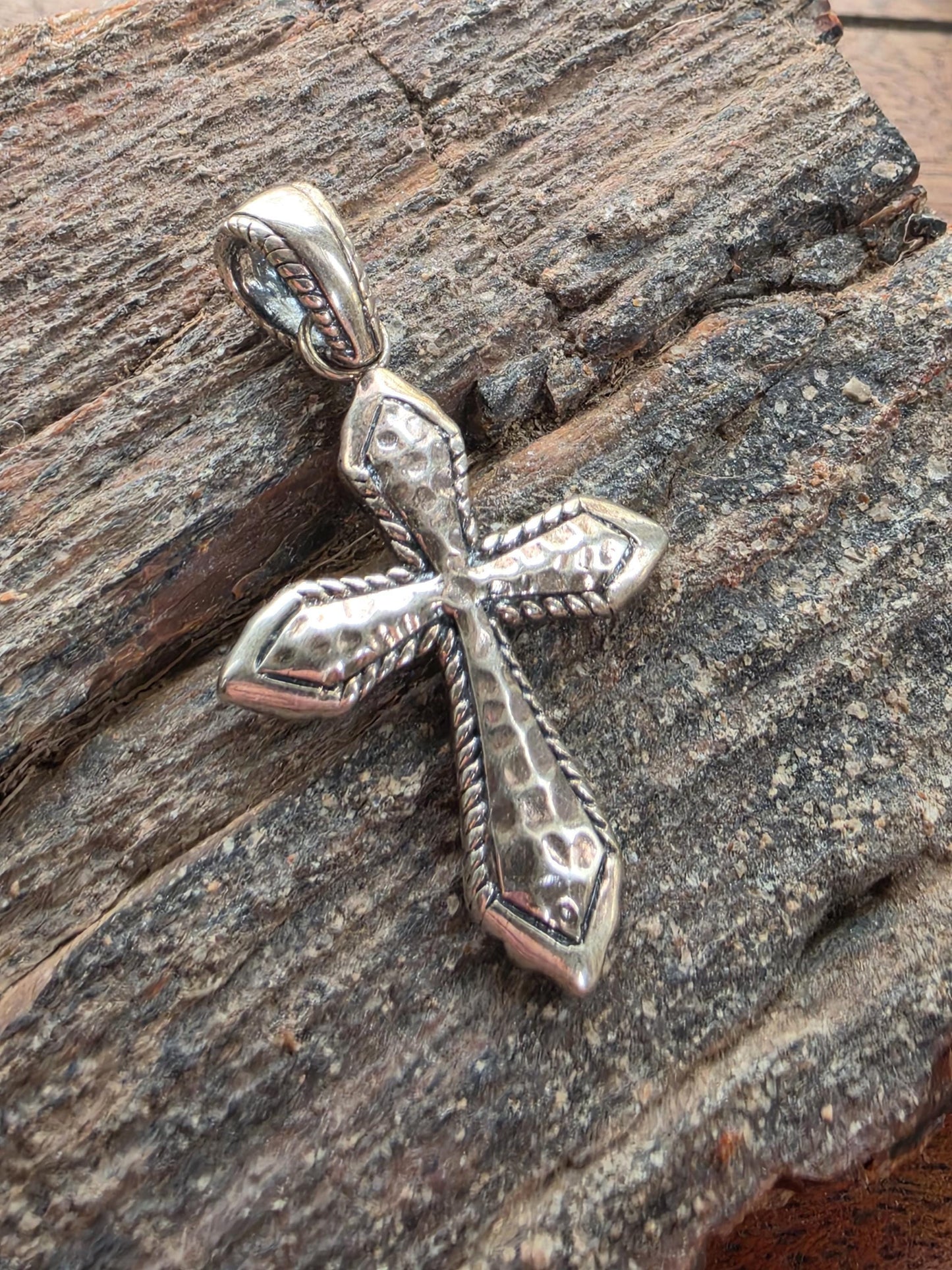 Sterling Silver Hammered Rope Edge Cross Pendant — 6g 925 Silver — 1.33 Inch Oxidized Cross — Western, Rustic, Artisan Cross Necklace