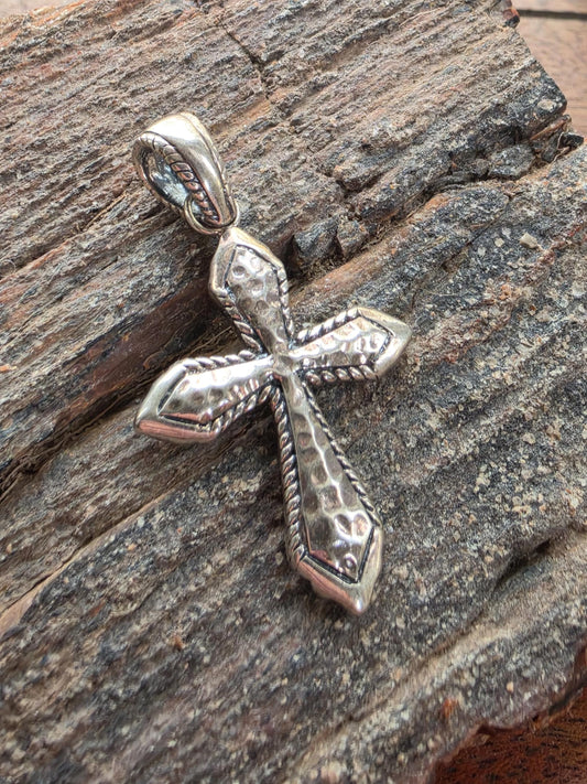Sterling Silver Hammered Rope Edge Cross Pendant — 6g 925 Silver — 1.33 Inch Oxidized Cross — Western, Rustic, Artisan Cross Necklace