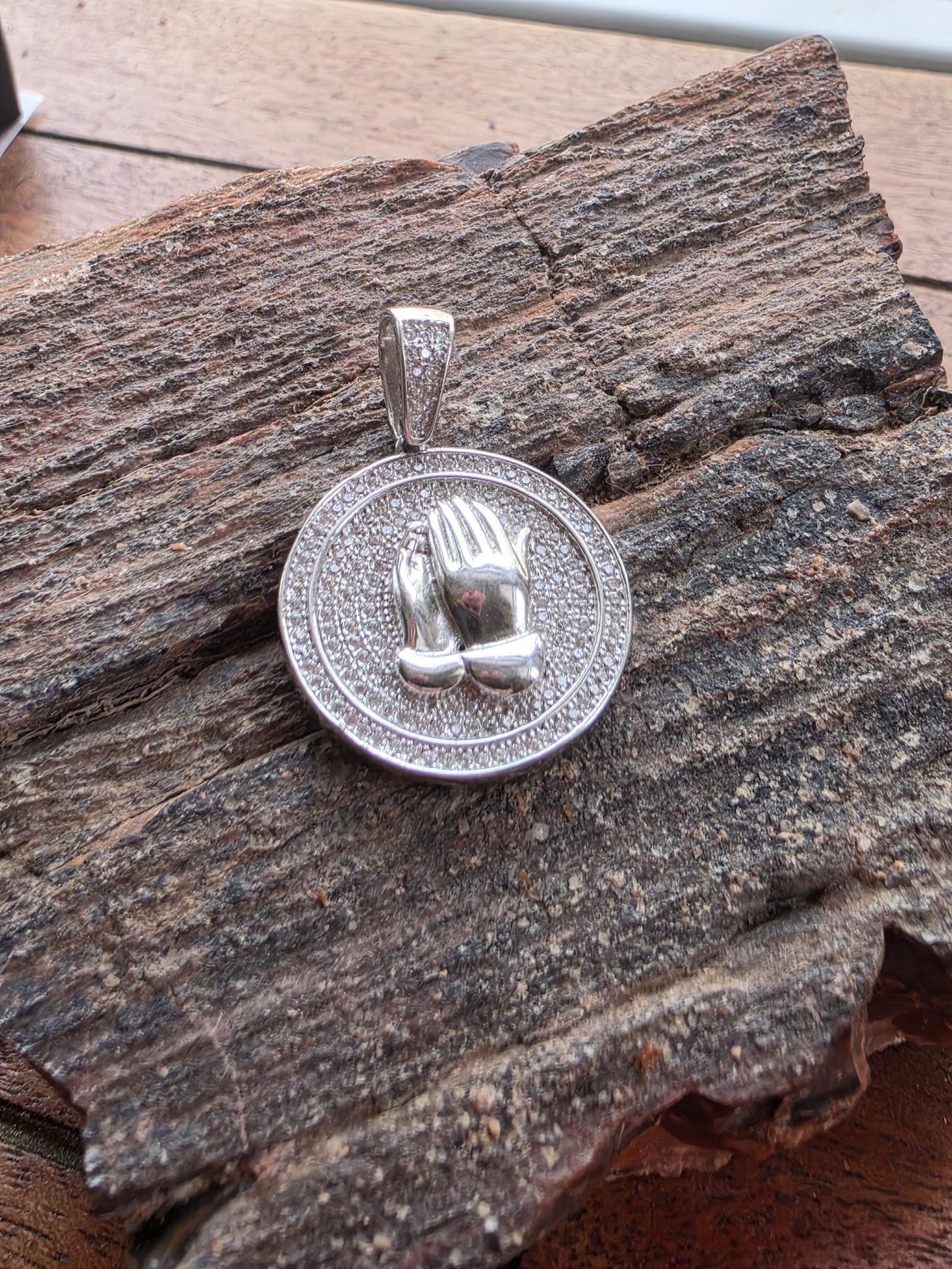 Sterling Silver CZ Praying Hands Round Medallion Pendant — 925 Silver — 1 Inch Iced Out Pendant — Hip Hop Prayer Necklace, Faith Medallion