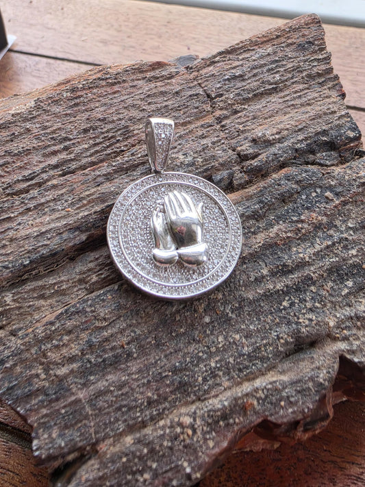 Sterling Silver CZ Praying Hands Round Medallion Pendant — 925 Silver — 1 Inch Iced Out Pendant — Hip Hop Prayer Necklace, Faith Medallion