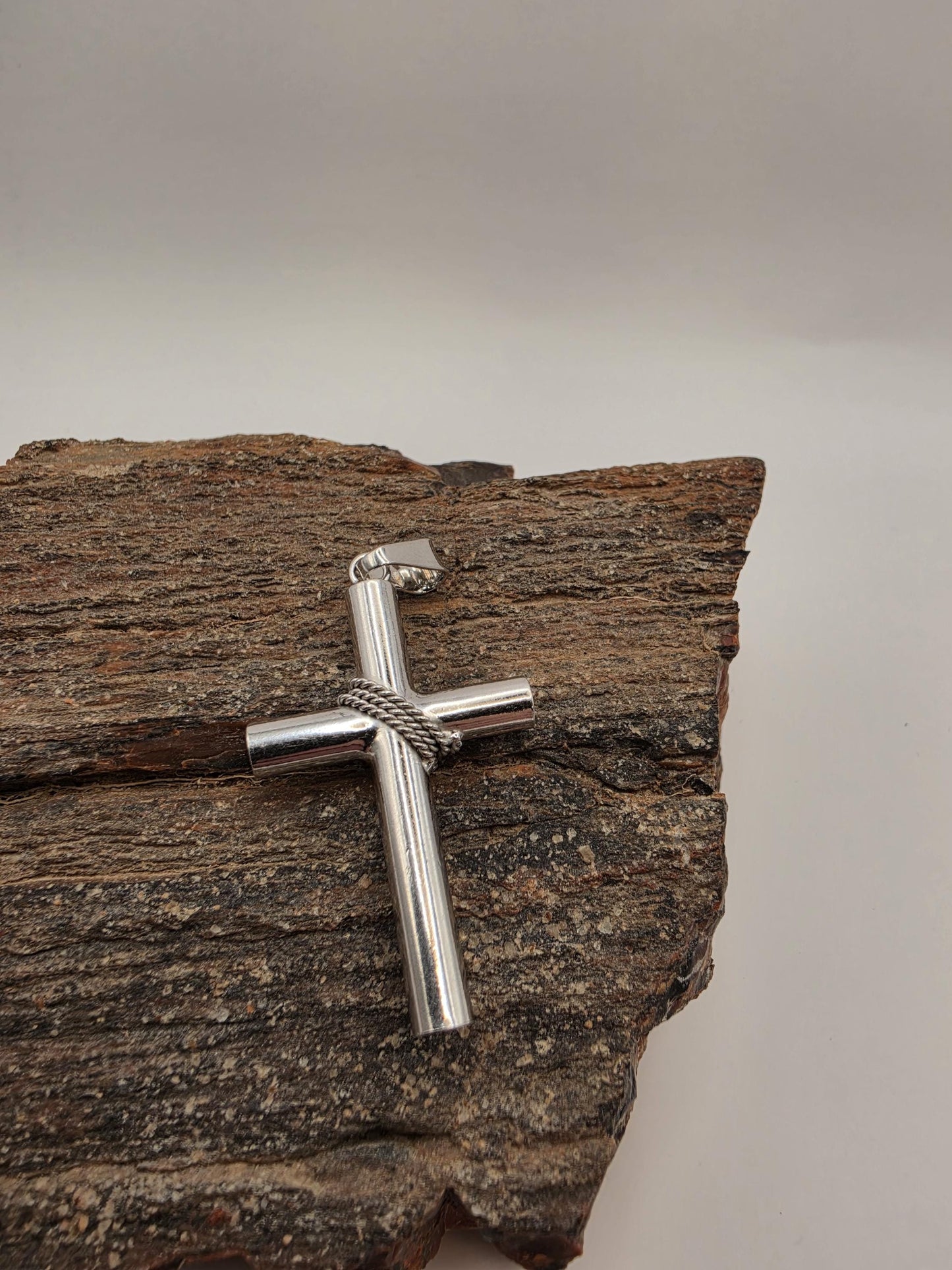 Sterling Silver Cross Pendant with Rope Wrap Detail 925 Polished Christian Necklace Charm Religious Faith Jewelry Gift