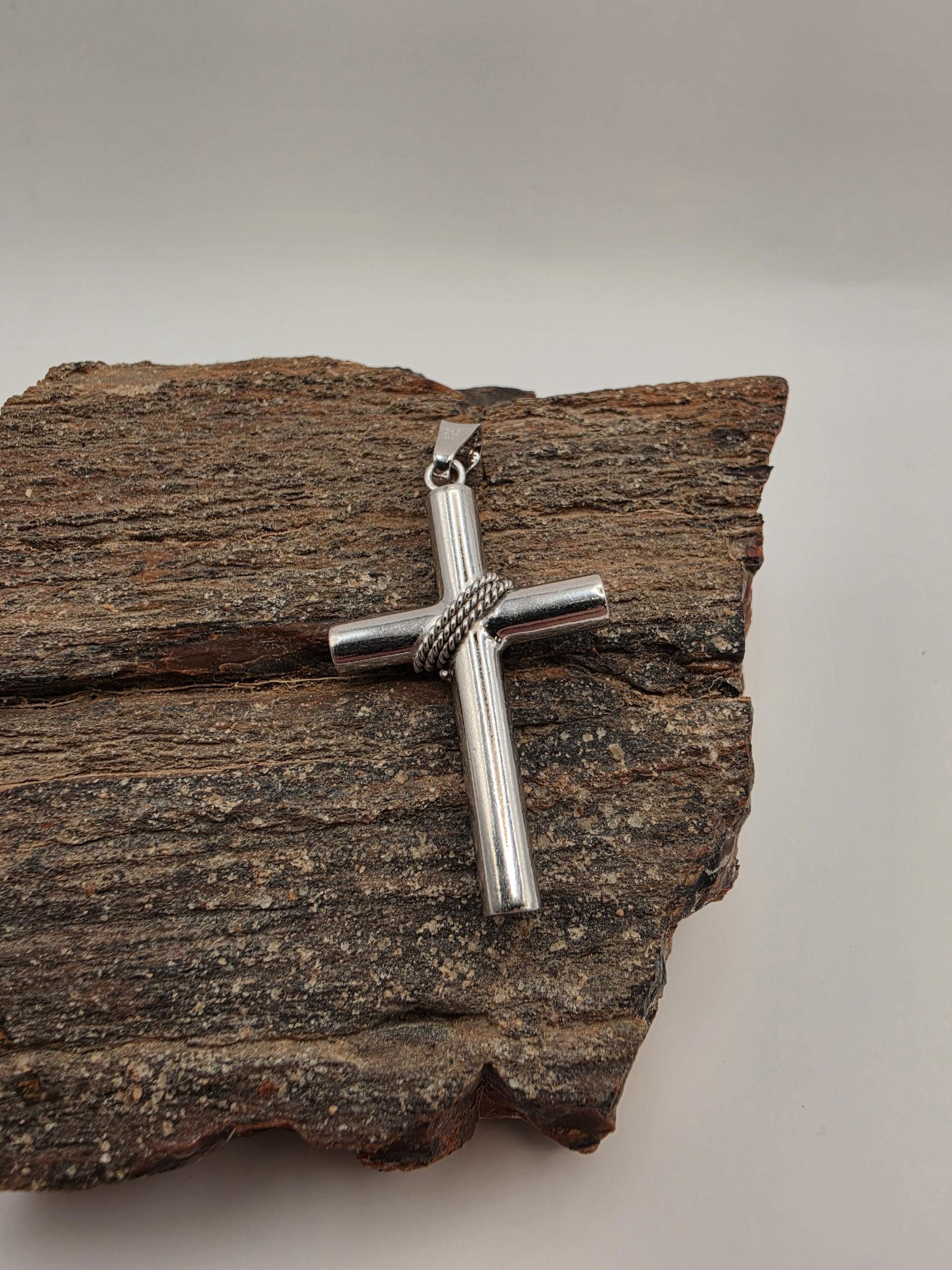 Sterling Silver Cross Pendant with Rope Wrap Detail 925 Polished Christian Necklace Charm Religious Faith Jewelry Gift