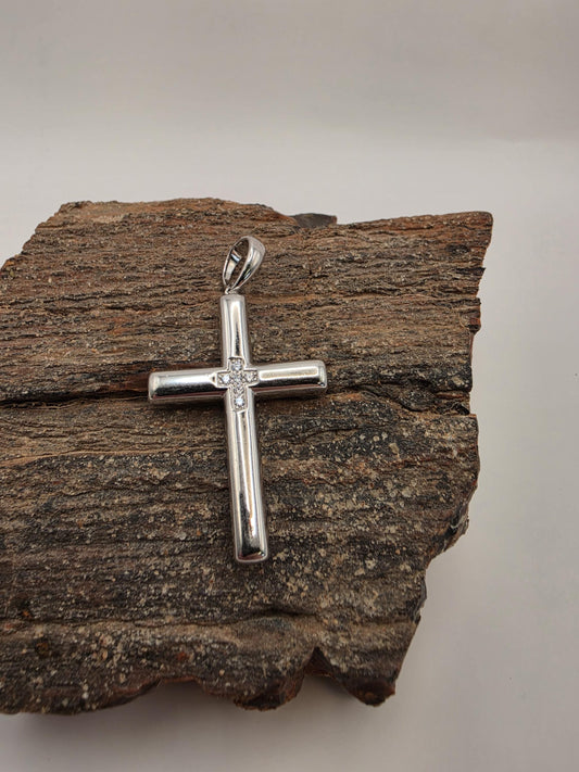 Sterling Silver Cross Pendant with CZ Accent 925 Polished Christian Necklace Religious Faith Charm Baptism Gift Jewelry
