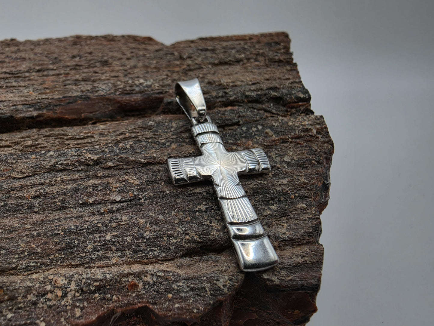Sterling Silver Cross Pendant with Etched Sunburst Design 925 Christian Necklace Religious Faith Charm Baptism Jewelry Gift