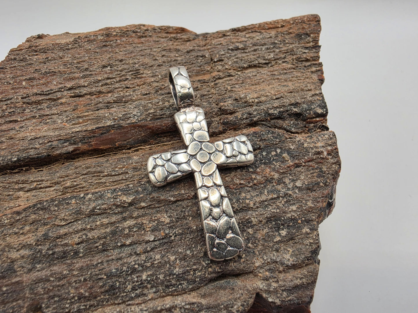 Sterling Silver Cross Pendant with Pebbled Cobblestone Texture 925 Christian Necklace Religious Faith Charm Jewelry Gift