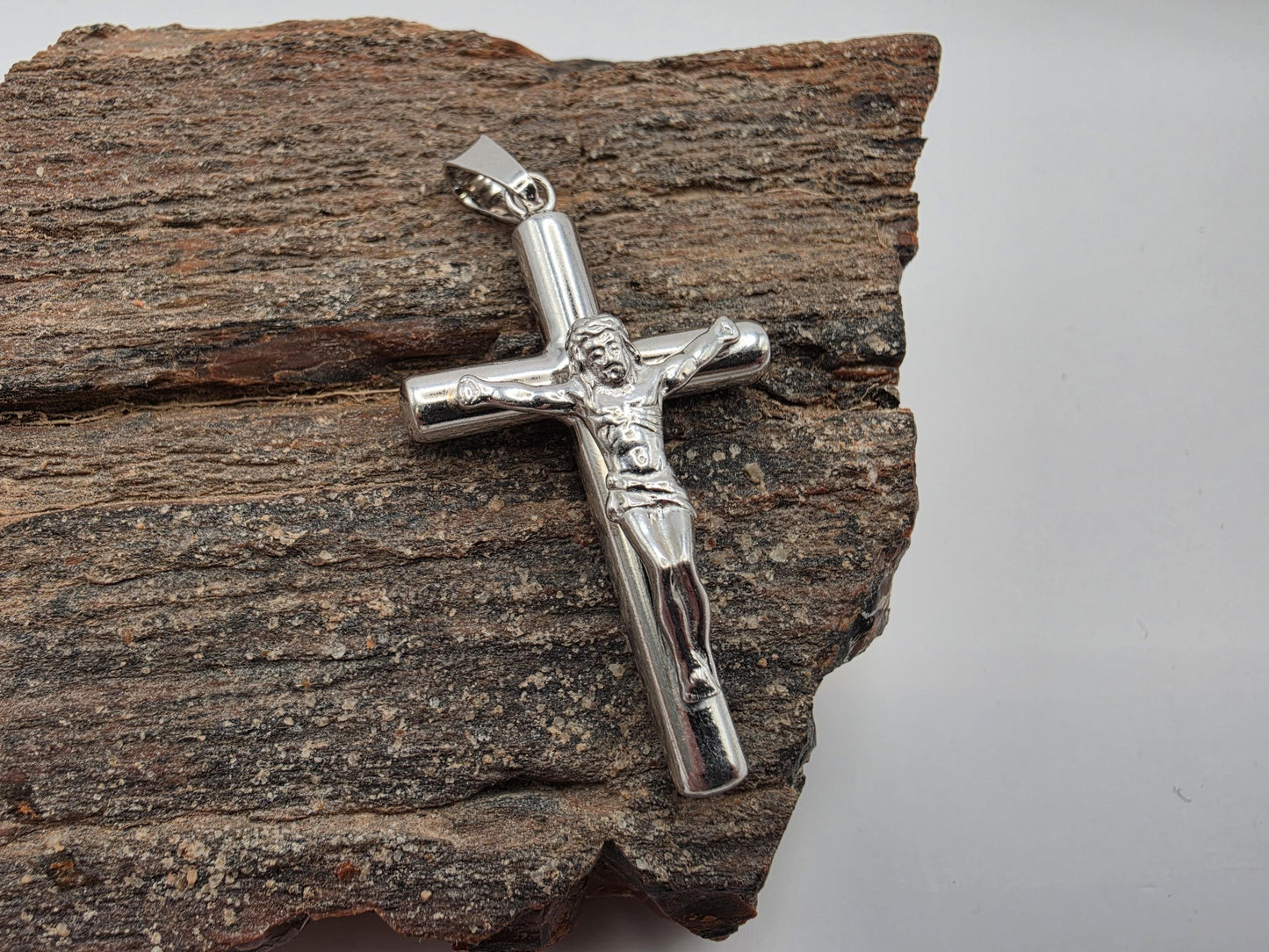 Sterling Silver Crucifix Pendant with Detailed Jesus Figure 925 Polished Christian Necklace Religious Catholic Faith Jewelry