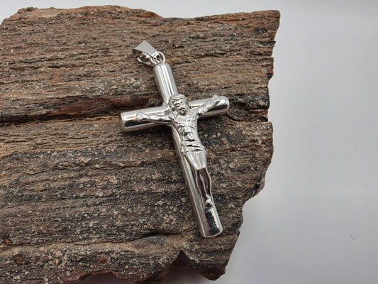 Sterling Silver Crucifix Pendant with Detailed Jesus Figure 925 Polished Christian Necklace Religious Catholic Faith Jewelry