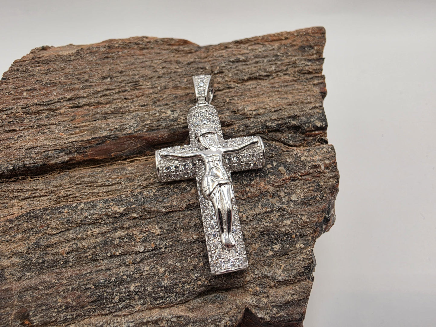 Sterling Silver Iced Out Crucifix Pendant with CZ Pave Jesus Figure 925 Christian Hip Hop Religious Catholic Faith Jewelry