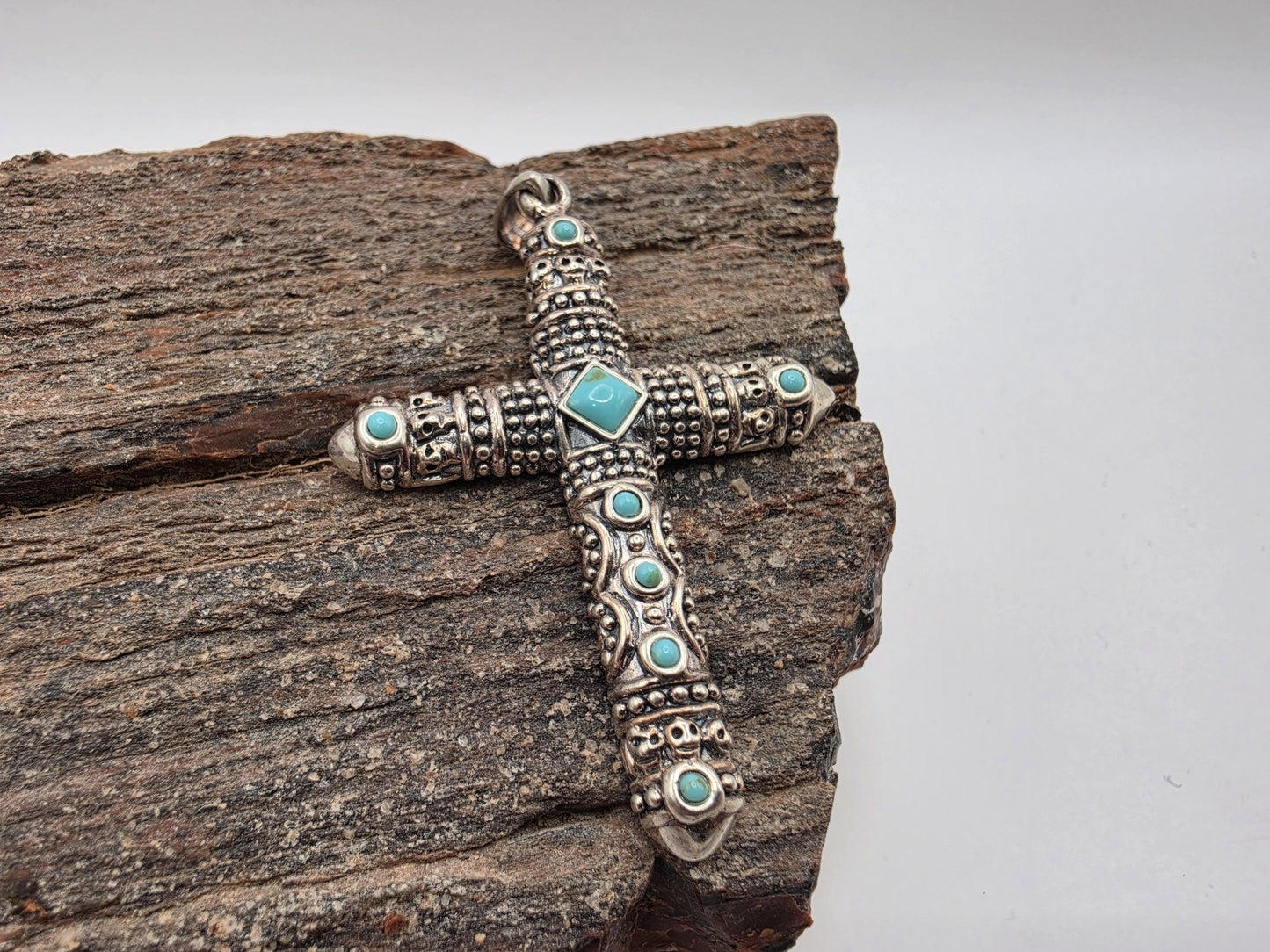 Sterling Silver Bali Cross Pendant with Turquoise Stones 925 Granulated Bohemian Southwest Religious Faith Statement Jewelry
