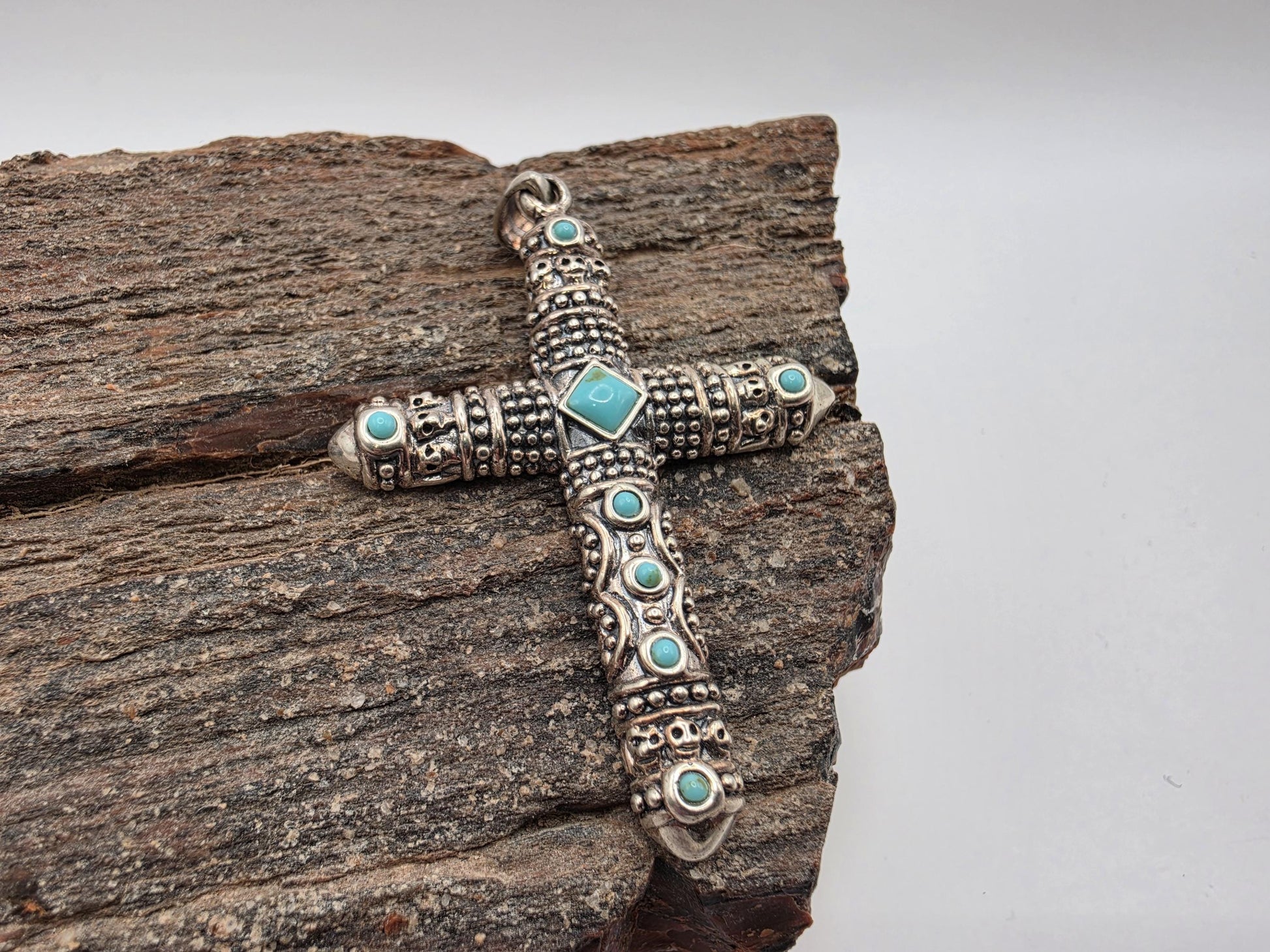 Sterling Silver Bali Cross Pendant with Turquoise Stones 925 Granulated Bohemian Southwest Religious Faith Statement Jewelry