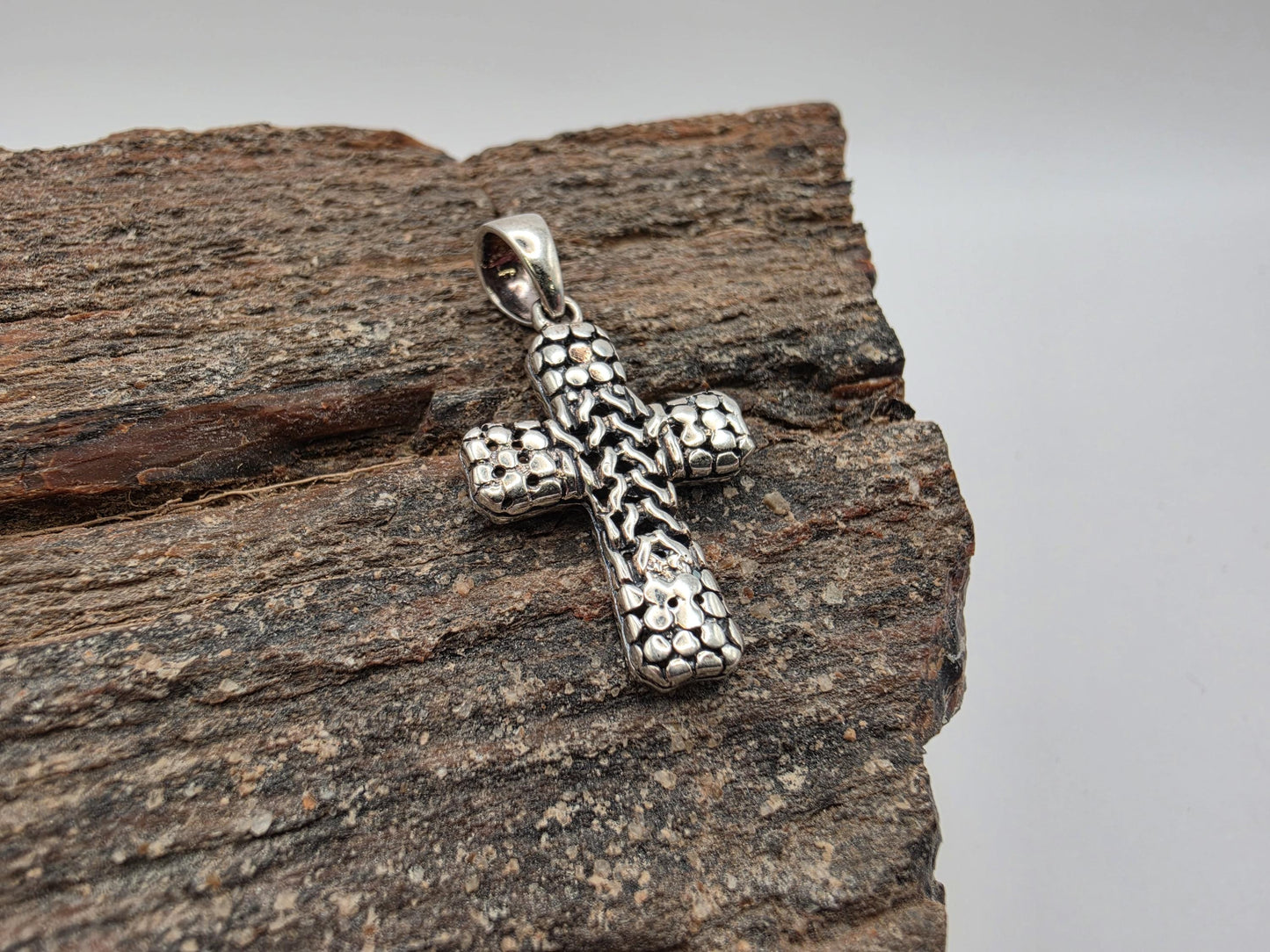 Sterling Silver Cross Pendant with Beaded Chain Link Center Design 925 Christian Necklace Religious Faith Charm Jewelry Gift
