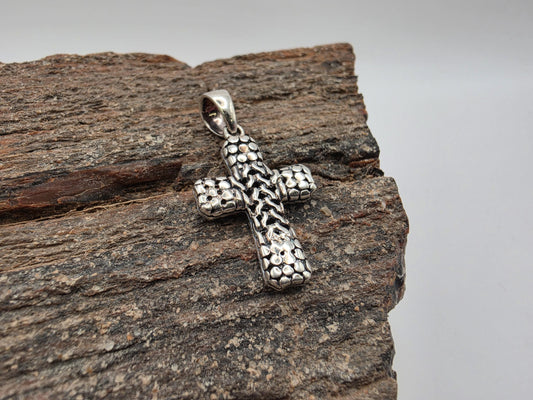 Sterling Silver Cross Pendant with Beaded Chain Link Center Design 925 Christian Necklace Religious Faith Charm Jewelry Gift