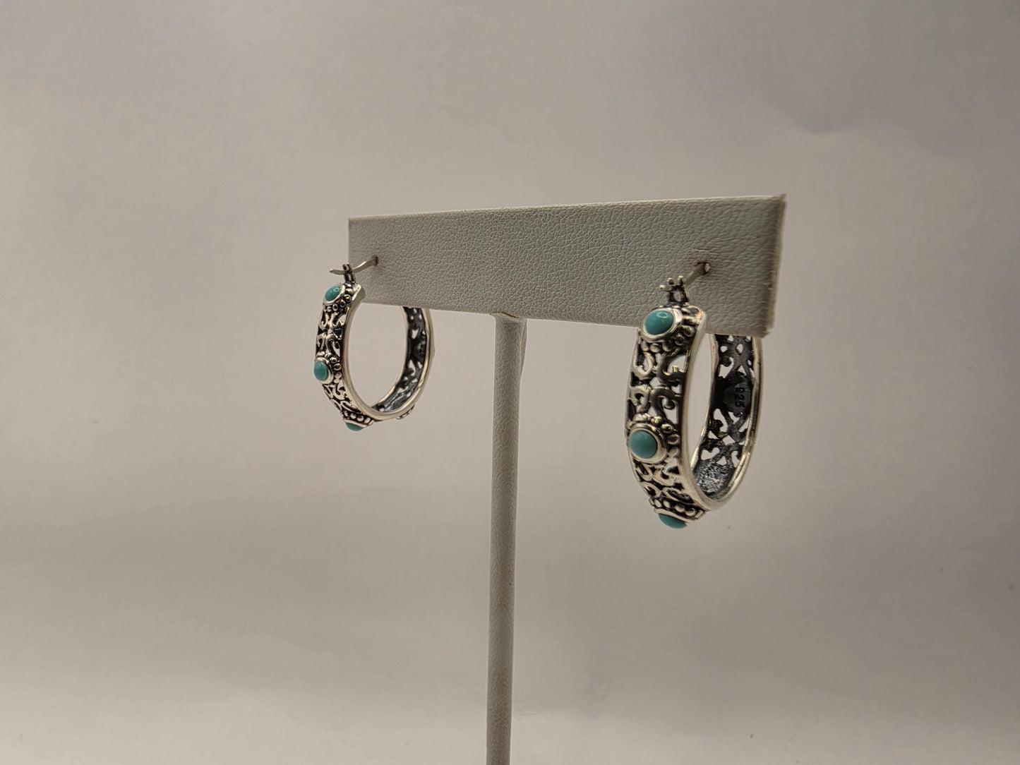 Sterling Silver Filigree Turquoise Hoop Earrings 1" 925 Bohemian Southwest Boho Statement Stone Jewelry Gift for Her