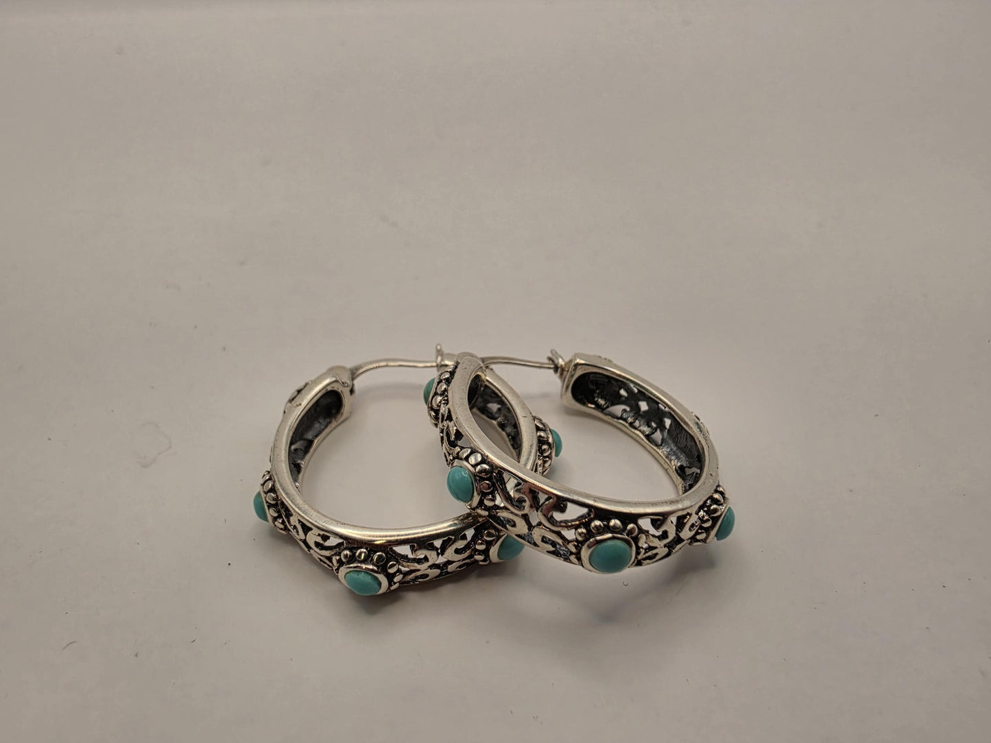 Sterling Silver Filigree Turquoise Hoop Earrings 1" 925 Bohemian Southwest Boho Statement Stone Jewelry Gift for Her