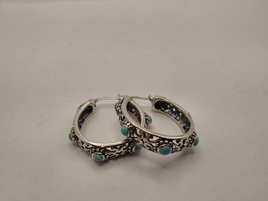 Sterling Silver Filigree Turquoise Hoop Earrings 1" 925 Bohemian Southwest Boho Statement Stone Jewelry Gift for Her