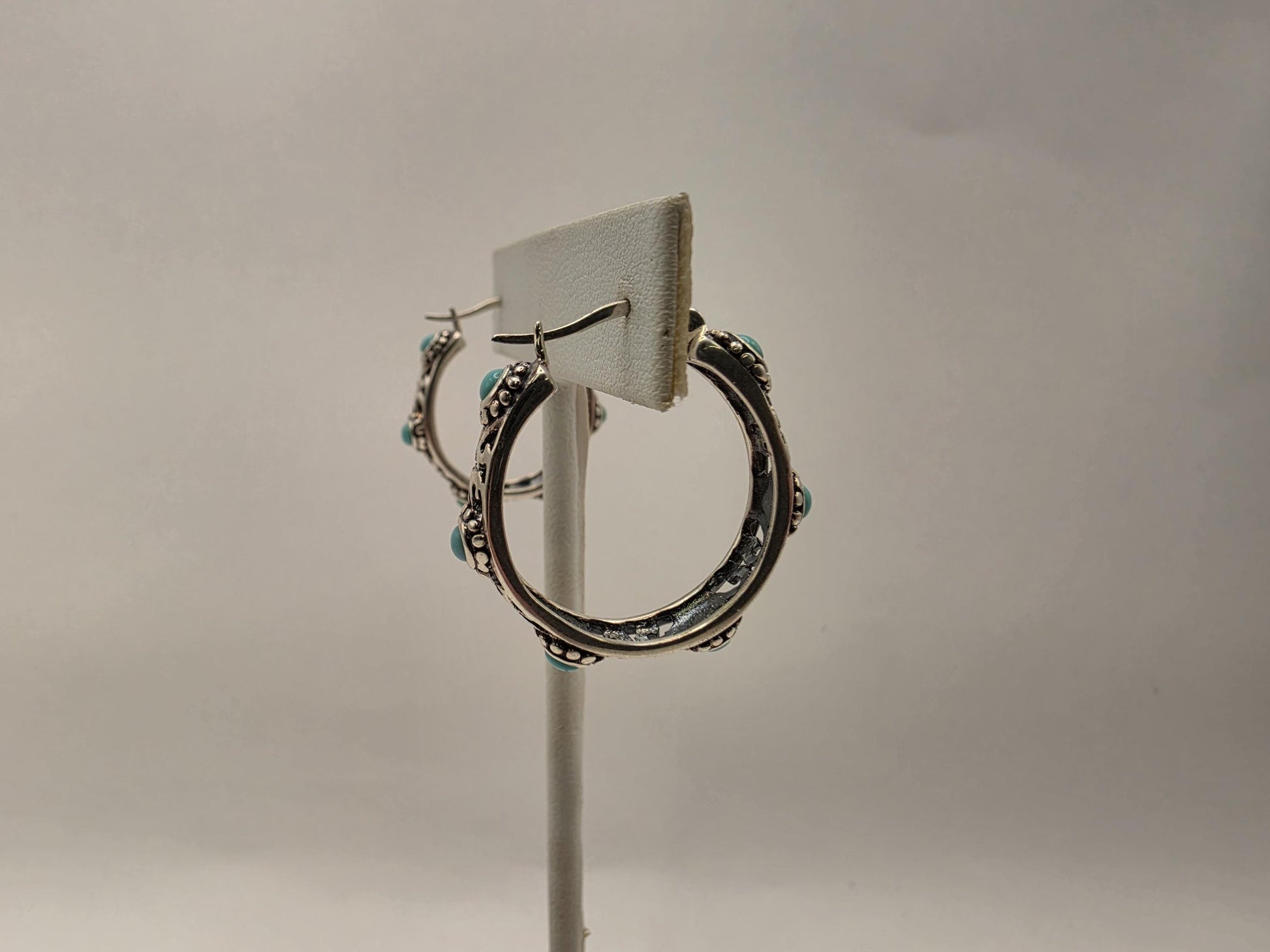 Sterling Silver Filigree Turquoise Hoop Earrings 1" 925 Bohemian Southwest Boho Statement Stone Jewelry Gift for Her