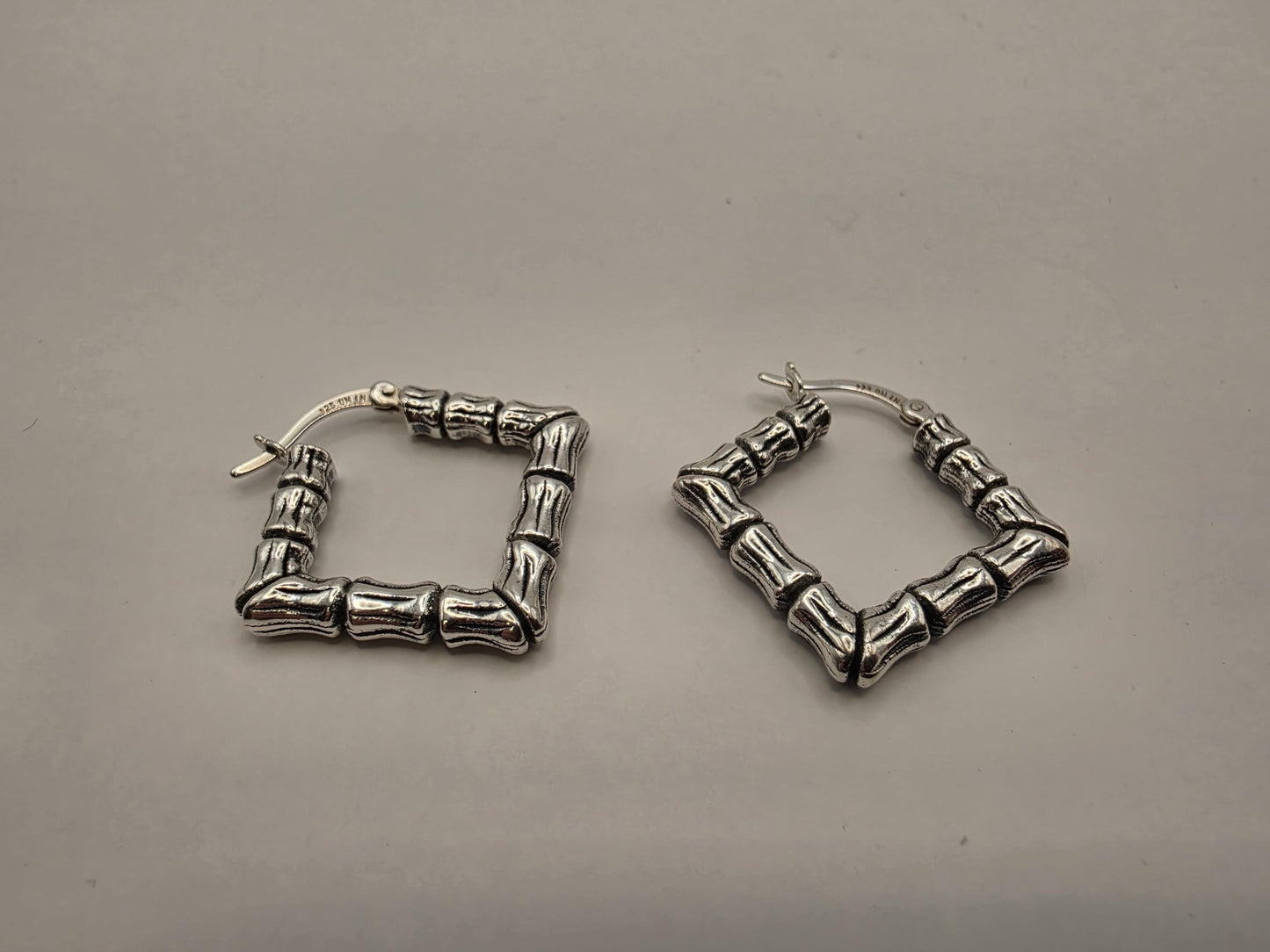 Sterling Silver Square Bamboo Hoop Earrings 1" 925 Vintage 90s Style Statement Door Knocker Jewelry Gift for Her Womens
